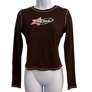 ALAB Y2K Brown Waffle Knit Long Sleeve Graphic T Shirt Expand Your Mind Medium